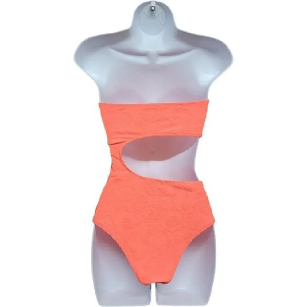 Aerie Terry Cut Out Strapless Neon‎ Orange One Piece Swimsuit S